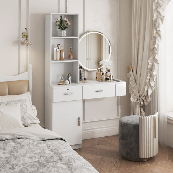 English Elm White modern vanity desk with multi-layer storage, 2 drawers & cabinet, hairdryer ports, space-saving W33163006