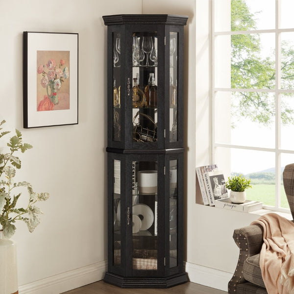 English Elm Lighted Corner Curio Cabinet with Led Glow Tempered Glass Shelves and Mirrored Back W2275P292643