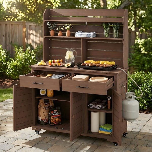 English Elm (assembly Video) Topmax Solid Fir Outdoor Potting Bench Grill Cart with Hutch Storage Brown N717P404333D