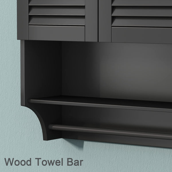 English Elm Wall-Mounted Bathroom Cabinet with Louvered Doors, Adjustable Shelves, Open Shelf & Towel Rod for Organized, Ventilated Storage Black T3771P368996