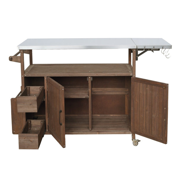 English Elm 54.33" Farmhouse Outdoor Kitchen Cart Solid Fir Frame Steel Top Storage Bbq Prep Brown N767P379702D