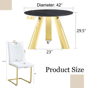 English Elm Table 5-Piece Dining Set: 42-Inch Round Sintered Stone Top With Gold Stainless Steel Legs & Chairs W2920S00041-GIGA