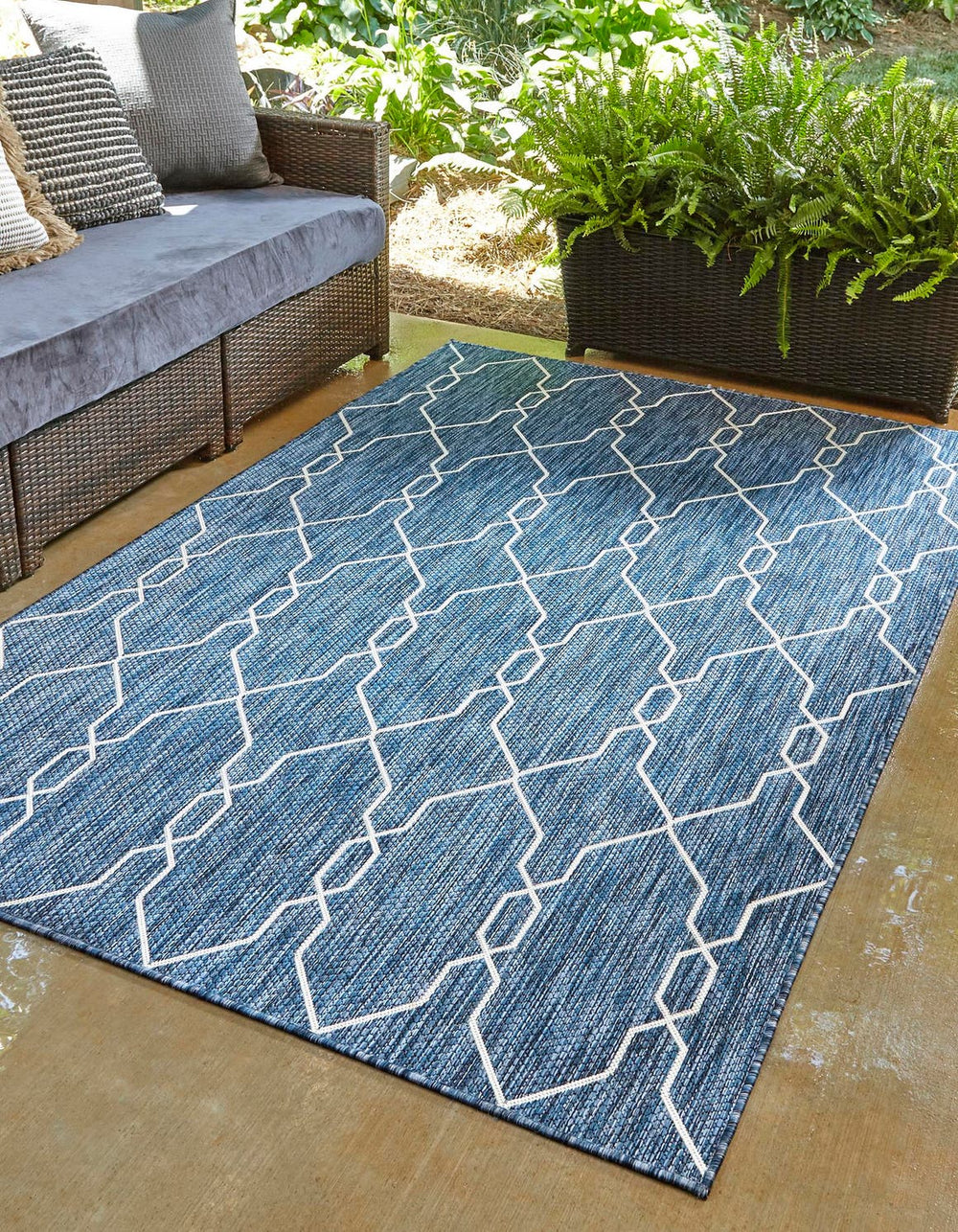 Unique Loom Rust Red Outdoor Trellis Rug - 4' X 6' Weather-resistant Design For Stylish Patios And Porches Blue  3148811-unique-loom