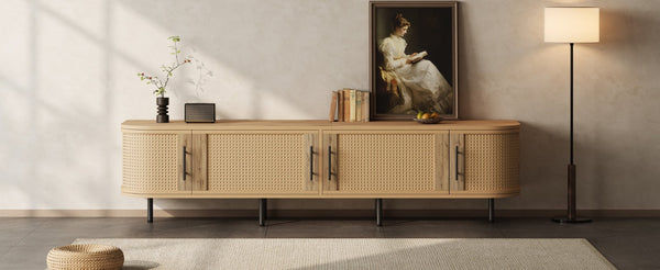 English Elm 70inch Rattan Door Media Console with Iron Legs Natural Wood Finish Living Room N710P429509P