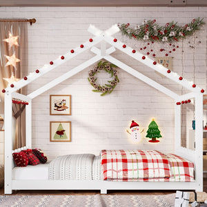 English Elm Twin House Frame Floor Bed Solid Pine Kids Room Montessori Low Profile Play Nook W1580P387839