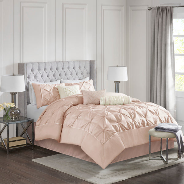 English Elm 7 Piece Tufted Comforter Set In Soft Blush For Queen Beds - Elegant Design With Decorative Pillows B03597044