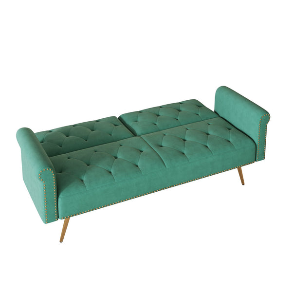 English Elm A Velvet 69.7" Sofa Bed with Gold Legs, Nailhead Trim, 2-Seater Convertible Sofa with Pillow Green W3356P298451