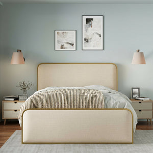 English Elm Gold Toned Queen Platform Bed Beige Linen Curved Headboard Footboard Under Storage N701P229014C