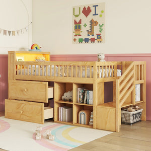 English Elm Twin Loft Bed with Built-In Stairs, Shelves, Hanging Rod & 2 Drawers for Space-Saving Kids Room Natural 45.87 L x 18.5 W x 10.83 H W2593S00005