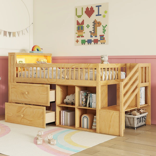 English Elm Twin Loft Bed with Built-In Stairs, Shelves, Hanging Rod & 2 Drawers for Space-Saving Kids Room Natural 45.87 L x 18.5 W x 10.83 H W2593S00005