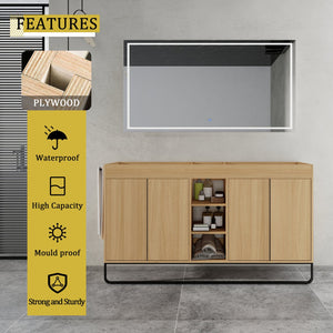 English Elm 60" Modern Freestanding Bathroom Vanity with 4 Soft-Close Doors, 3 Open Shelves, Towel Hanger, 8 Boxes W999P376886