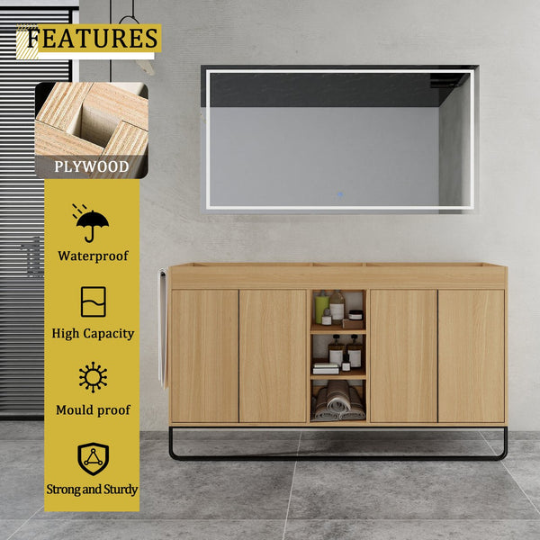 English Elm 60" Modern Freestanding Bathroom Vanity with 4 Soft-Close Doors, 3 Open Shelves, Towel Hanger, 8 Boxes W999P376886