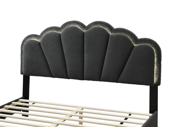 English Elm 1pc Queen Size Bed Wool Upholstered Platform with Channel Tufted Headboard and Built‑In LED Lighting Charcoal 66 L x 30 W x 10 H B011P238975