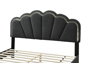 English Elm Full Platform Bed Charcoal Wool Upholstery Floral Scalloped Headboard with Led Lighting B011P417509