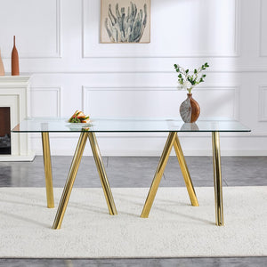 English Elm 71-inch Tempered Glass Dining Table Electroplated Metal Base Open Airy Modern Style Gold W3875S00006