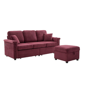 English Elm UNITED Corduroy L-Shaped Sectional Sofa with Storage Ottoman, USB Ports, Cup Holders & LED Lighting WINE RED W1568P332410
