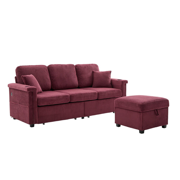 English Elm UNITED Corduroy L-Shaped Sectional Sofa with Storage Ottoman, USB Ports, Cup Holders & LED Lighting WINE RED W1568P332410