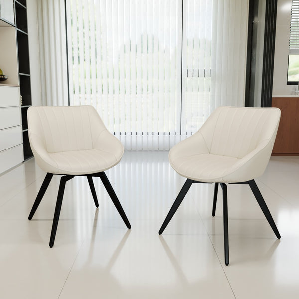 English Elm A Set of 2 Mid-century Pu Leather Dining Chairs with Ergonomic Back and Metal Legs Beige+Black W2189P197386
