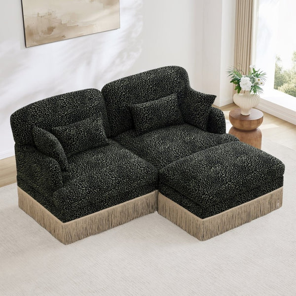 English Elm Comfy Chenille Leopard Print Loveseat with Tassel Trim Movable Ottoman Living Room Green W5656S00029