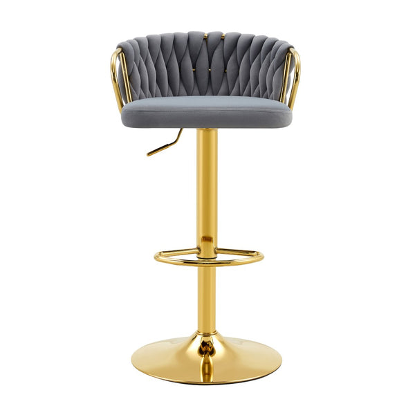 English Elm Set of 2 Velvet Swivel Barstools with Braided Rope Back and Adjustable Pedestal Base Gold,Gray W3875P383914