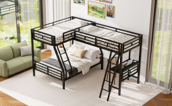 English Elm Twin Triple Bunk Bed with Loft, Desk & Shelf — Metal Black L-Shaped Sleep/Study Space, No Box SpringNeeded SM000606AAB
