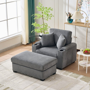 English Elm 55" Oversized Chaise Lounge Chair With Ottoman & Storage - Comfy Velvet Recliner With Usb Port & Cup Holder W3373P330166