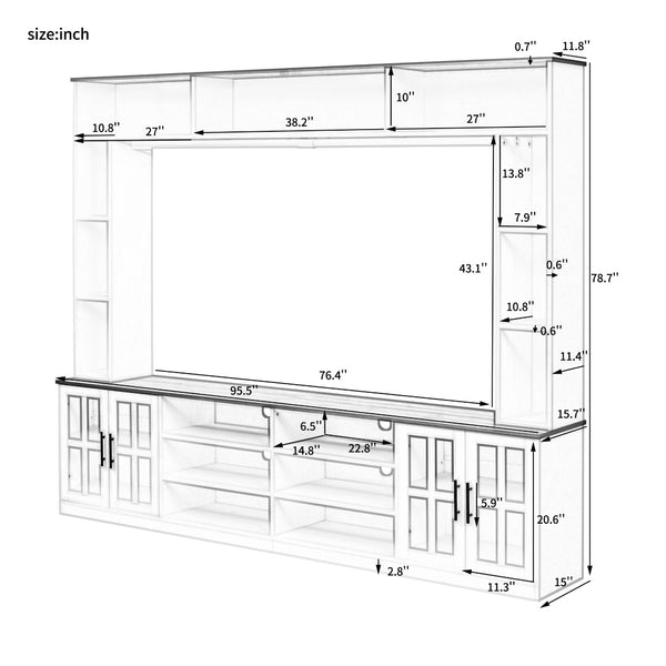 English Elm 95.5" Modern Farmhouse Wall Unit Mdf Bookshelf with Tempered Glass Cabinet Doors Black SJ000161AAB