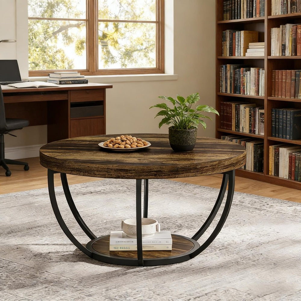 English Elm 2-tier Round Coffee Table Engineered Wood Top Arc Steel Legs Living Room Accent Rustic T3971P453343