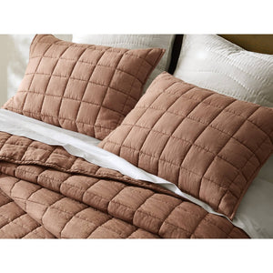 English Elm 3-piece French Linen Quilt Set Garment Washed Breathable Box Stitched Bedding Brick Red B035P408303