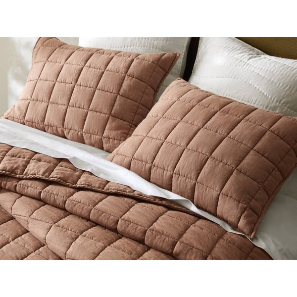 English Elm 3-piece French Linen Quilt Set Garment Washed Breathable Box Stitched Bedding Brick Red B035P408303