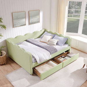 English Elm Queen Gingham Linen Daybed with Wave Backrest Two Storage Drawers and Usb Port Green W1413S00151