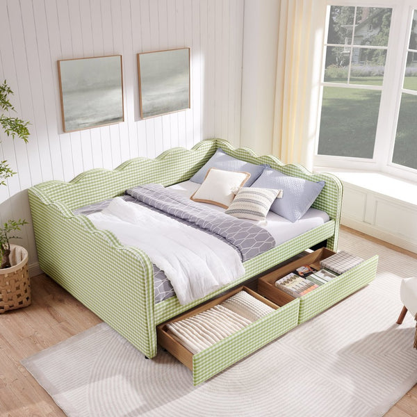 English Elm Queen Gingham Linen Daybed with Wave Backrest Two Storage Drawers and Usb Port Green W1413S00151