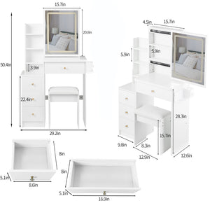 English Elm 29.2" Stylish Left Bedside Vanity Table Set With Led Mirror, Power Station & Cushioned Stool For Small Spaces W936P202468