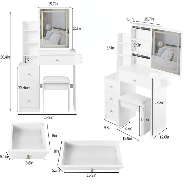 English Elm 29.2" Stylish Left Bedside Vanity Table Set With Led Mirror, Power Station & Cushioned Stool For Small Spaces W936P202468
