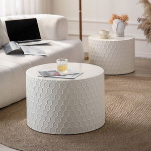 English Elm Stylish Honeycomb Nesting Coffee Tables Set — Modern Round Drum Design, Durable MDF, Space-Saving Pair Beige W757P206008