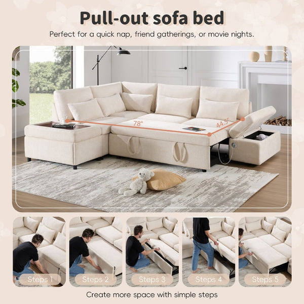 English Elm [video]107'' Chenille Sleeper Sectional with Usb Charging Storage Ottoman and Adjustable Armrest Beige N723S8782A