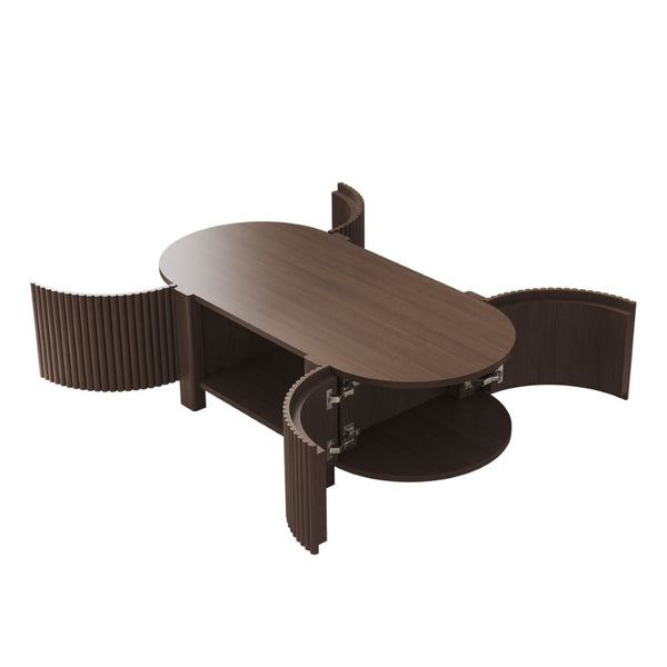 English Elm Oval Fluted Rubberwood Coffee Table with Open Storage Shelf for Living Room Walnut N735P369880D