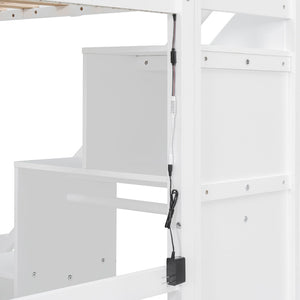 English Elm Twin Loft Bed with Staircase Desk Dual Drawers and Led Strip for Kids Rooms LT000257AAK