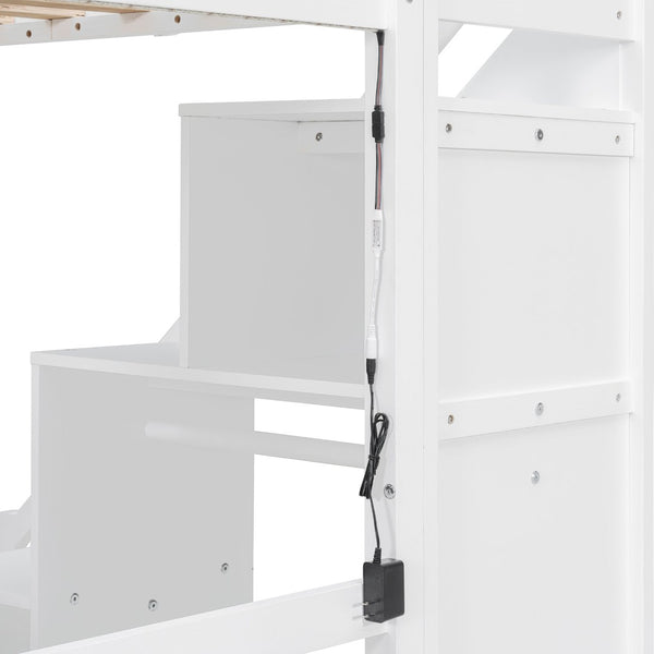 English Elm Twin Loft Bed with Staircase Desk Dual Drawers and Led Strip for Kids Rooms LT000257AAK