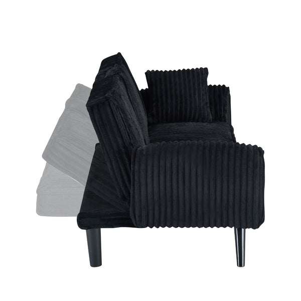 English Elm Minimalist Corduroy Reclining Sofa with Convertible Flat Sleeper and Cup Holder Black W3356P421777