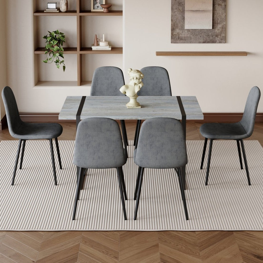 English Elm Table Set - Retro Minimalist Rectangular Dining Table With 6 Soft Chairs, Textured Top & Metal Legs W1151S03837-GIGA