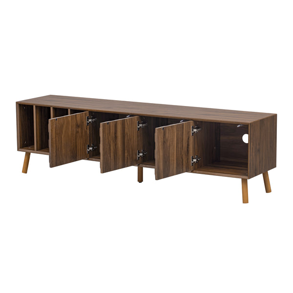 English Elm 70" Mid-Century Modern TV Stand with Lattice Wood Grain, 3 Cabinets & 4 Open Shelves, Walnut Elegance N710P222773P