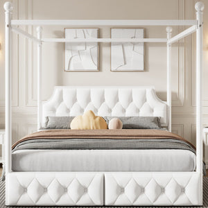English Elm Queen Metal Canopy Platform Bed with Upholstered Velvet Headboard, Built-In Storage Drawers, White Elegance DL000656AAK