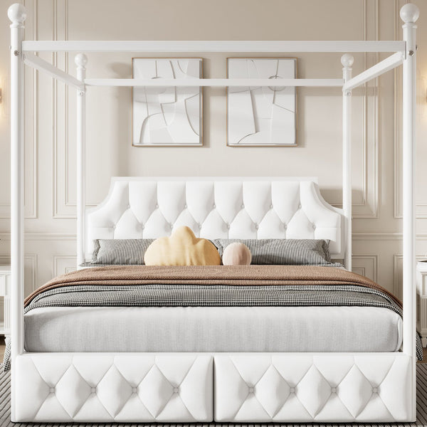 English Elm Queen Metal Canopy Platform Bed with Upholstered Velvet Headboard, Built-In Storage Drawers, White Elegance DL000656AAK