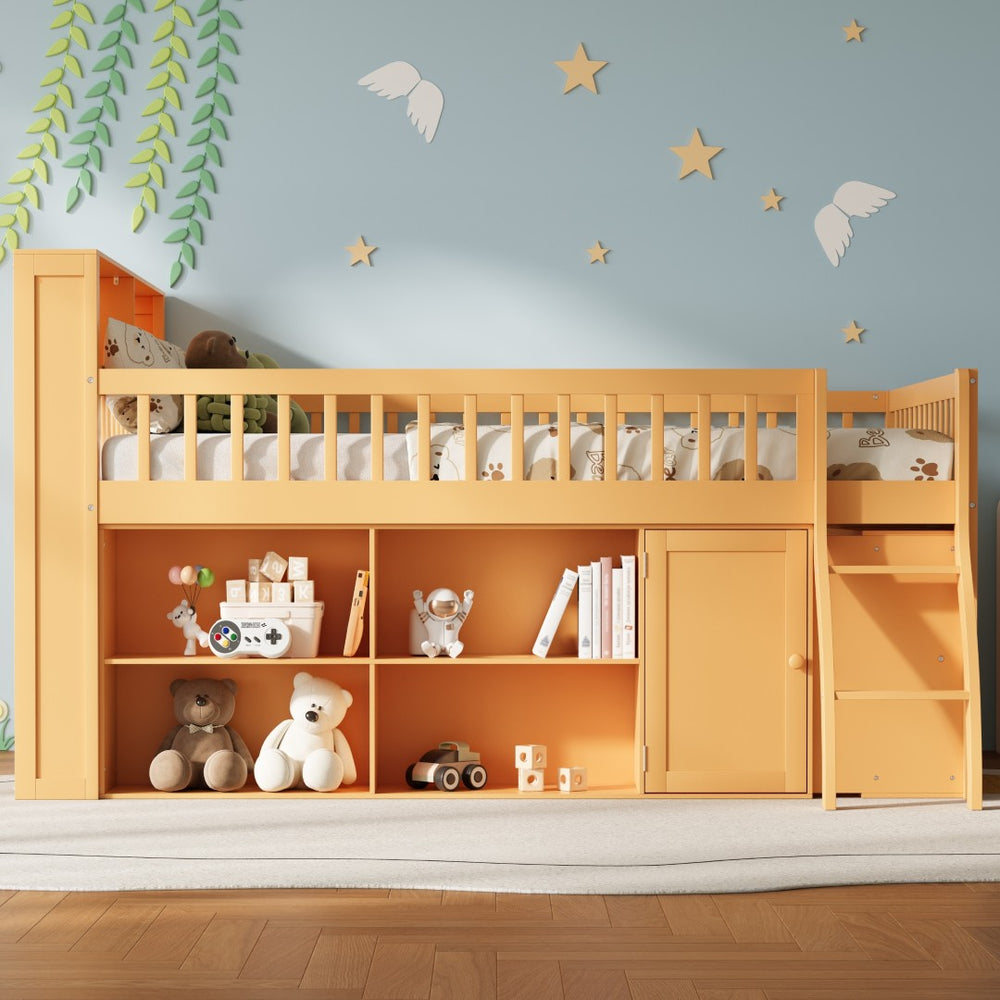 English Elm Queen Loft Bed with Open Shelving Built-in Led Light White Wood Frame N7090005025N