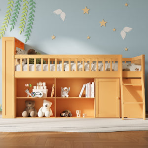 English Elm Queen Loft Bed with Open Shelving Built-in Led Light White Wood Frame N7090005025N