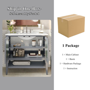 English Elm Christopher Knight Home® - 36" Bathroom Vanity with Ceramic Sink, Solid Wood Legs, Waterproof Finish, Soft-Close Hinges, Open Shelf, Silver Knobs Gray N817P286249G