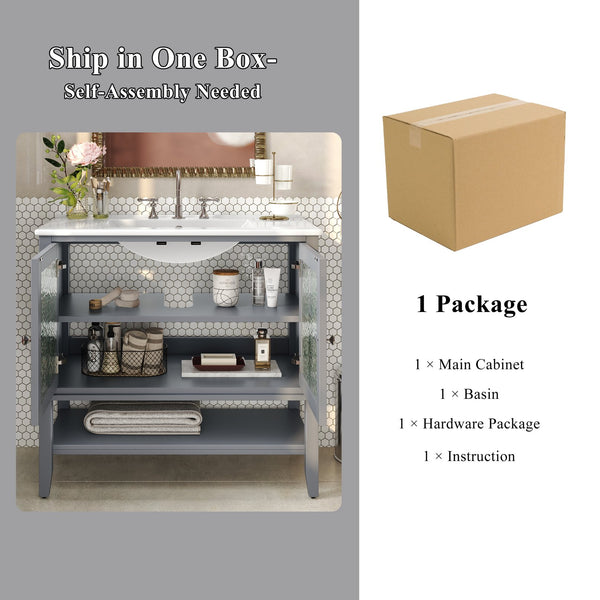 English Elm Christopher Knight Home® - 36" Bathroom Vanity with Ceramic Sink, Solid Wood Legs, Waterproof Finish, Soft-Close Hinges, Open Shelf, Silver Knobs Gray N817P286249G