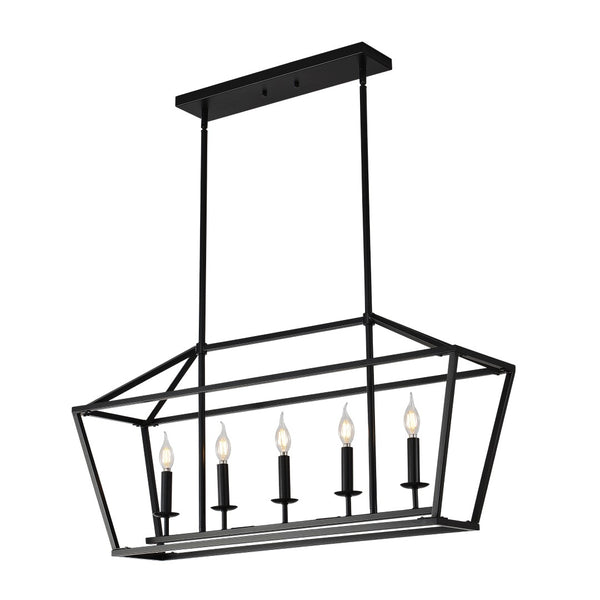 English Elm 5-light Industrial Farmhouse Chandelier Matte Black Metal Linear Pendant for Kitchen Island W5008P465021