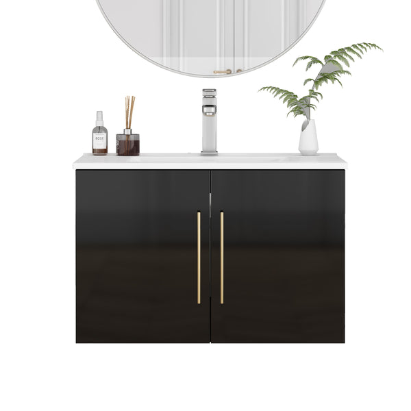 English Elm 30-Inch Black Gloss Wall-Mounted Bathroom Vanity With Soft-Close Doors & Gold Handle For Modern Style W3151S00051